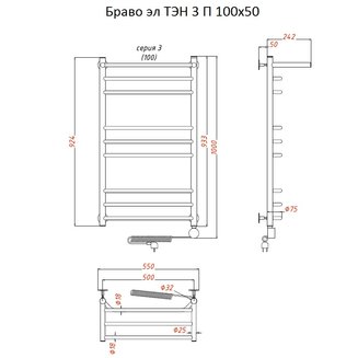 Полотенцесушитель Браво эл ТЭН 3 П 100*50 (ЛЦ4)