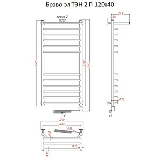 Полотенцесушитель Браво эл ТЭН 2 П 120*40 (ЛЦ4)