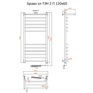 Полотенцесушитель Браво эл ТЭН 2 П 120*60 (ЛЦ4)