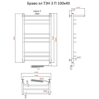Полотенцесушитель Браво эл ТЭН 3 П 100*40 (ЛЦ4)