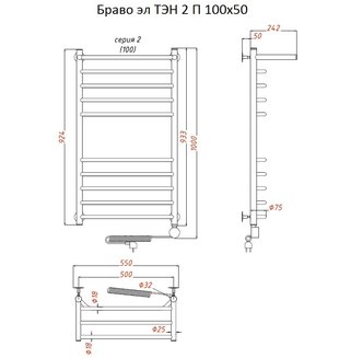 Полотенцесушитель Браво эл ТЭН 2 П 100*50 (ЛЦ4)