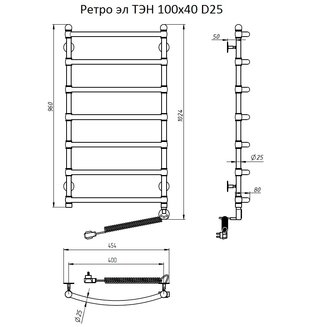 Полотенцесушитель Ретро эл ТЭН 100*40 (ЛЦ33 нов) D25