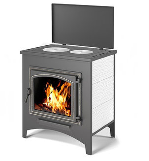 Печь-Камин ВЕЗУВИЙ ПК-04 (240) с плитой "Везувий В3" бежевый 12 кВт (200 м3) ?115мм