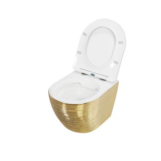 Унитаз GR-4455GWLS (480*365*370) ЗОЛОТОЙ внутри БЕЛЫЙ подвесной БЕЗОБОДКОВЫЙ с тонкой крышкой