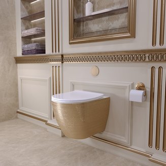 Унитаз GR-4455GWLS (480*365*370) ЗОЛОТОЙ внутри БЕЛЫЙ подвесной БЕЗОБОДКОВЫЙ с тонкой крышкой