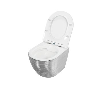 Унитаз GR-4455SWLS (480*365*370) СЕРЕБРО внутри БЕЛЫЙ подвесной БЕЗОБОДКОВЫЙ с тонкой крышкой