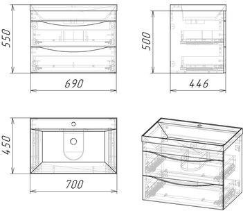 Тумба подвесная "ТАЛИС-70 см" с 2-я ящ.(ум.Classika-70) бетон пайн/серая
