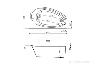 Ванна Roca Corfu 160x90 асимметричная правая белая 248574000