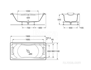 Акриловая ванна Roca BeCool 190х110 прямоугольная, с отверстием для ручки, белая 247989001