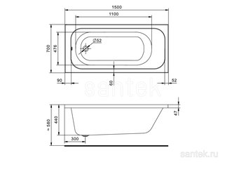 Акриловая ванна Santek Ламма 150х70 прямоугольная 1WH501746