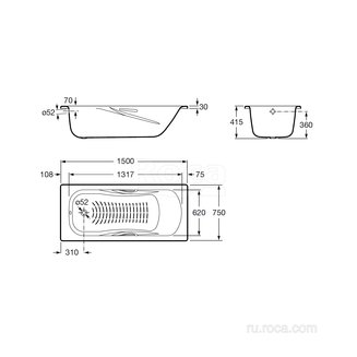 Ванна Roca Princess-N 150x75 с отверстиями для ручек, 2,4мм, anti-slip 2204E0000
