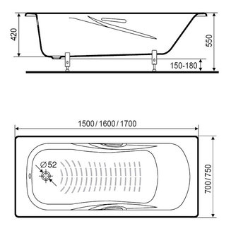 Ванна Roca Princess-N 170x70 с отверстиями для ручек, 2,4мм, anti-slip 2209E0000