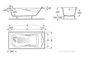 Ванна Roca Haiti 160x80 с отверстиями для ручек, anti-slip 2330G000R
