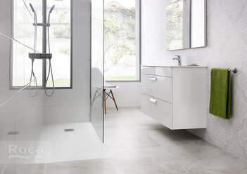 Душевой поддон из материала Stonex® Roca Terran 1200x700 белый, с сифоном и решеткой, AP1014B02BC01100