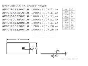 Душевой поддон из материала Stonex® Roca Terran 1600x700 черный, с сифоном и решеткой, AP1016402BC01400
