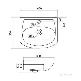 Раковина Santek Азов 45 отверстие под смеситель 1WH112449