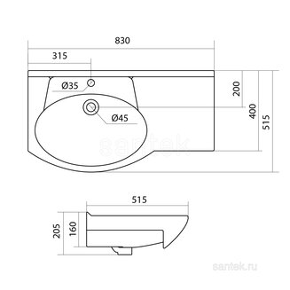 Раковина Santek Коралл 83 отверстие под смеситель 1WH110228 с правым крылом