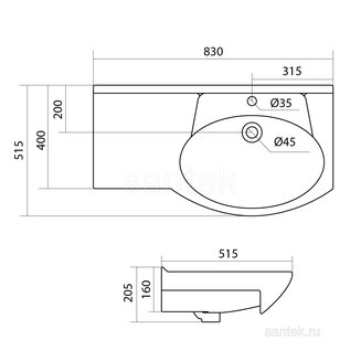 Раковина Santek Коралл 83 отверстие под смеситель 1WH110225 с левым крылом