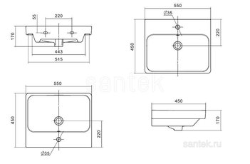 Раковина Santek Адриана 55 отверстие под смеситель 1WH501620
